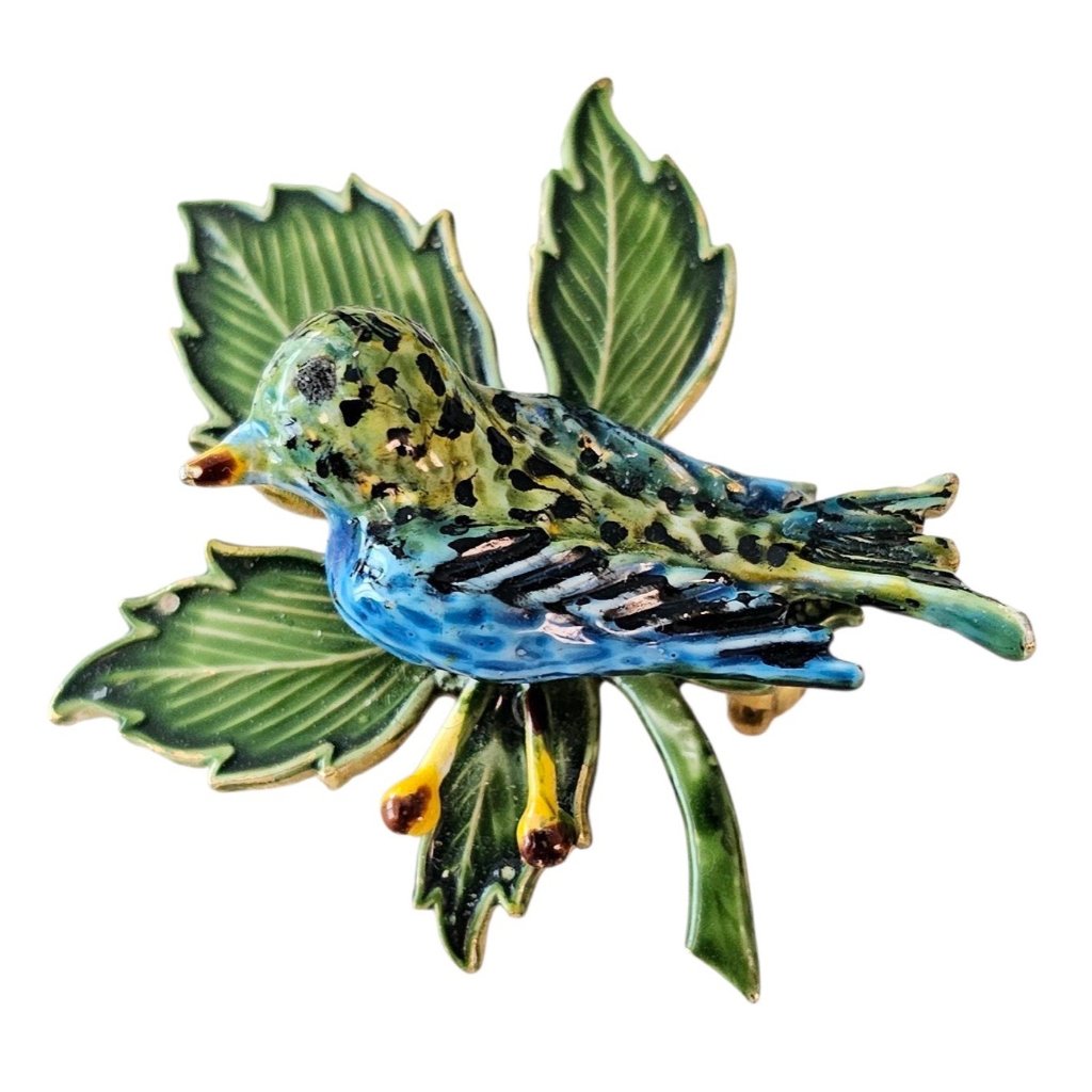 Original By Robert Blue Bird On Leaf Brooch, Green Enamel Pin, Signed